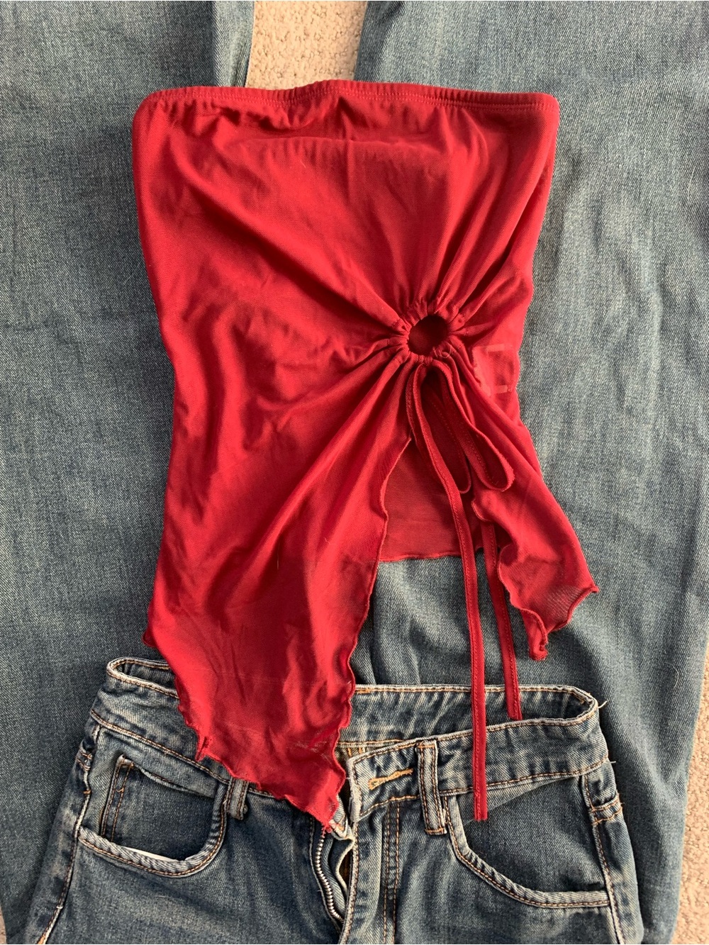 Red Strapless Tie-Front Women's Top